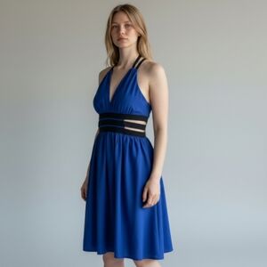 Vintage Frederick’s of Hollywood Blue Cutout V Neck Mini Dress Large Runs Small